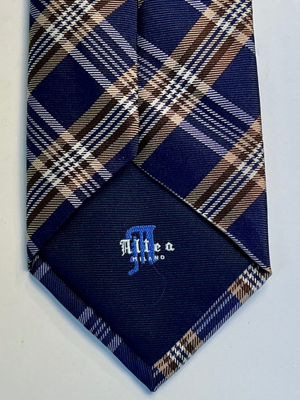 Altea Milano blue & brown plaid all Silk slim tie made in Italy 🇮🇹